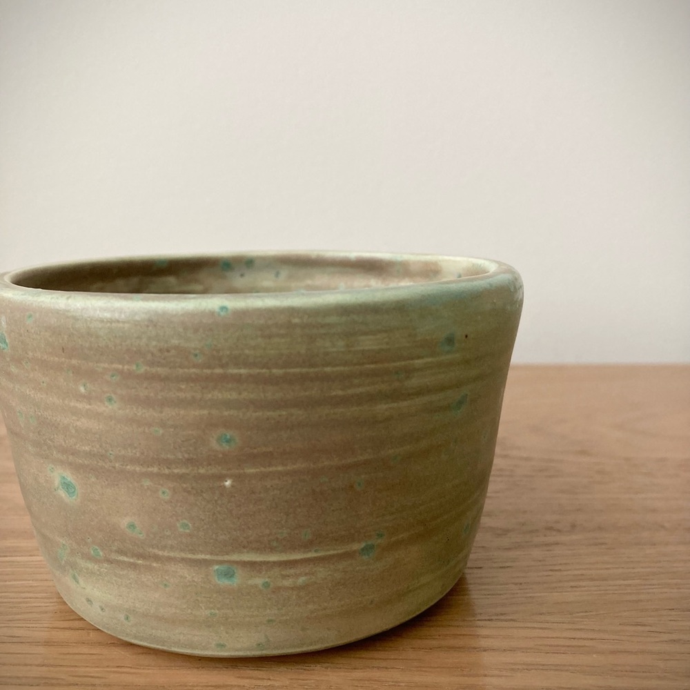 studio pottery artist signed rustic bowl mug cup planter candy dish tan green - Picture 6 of 8